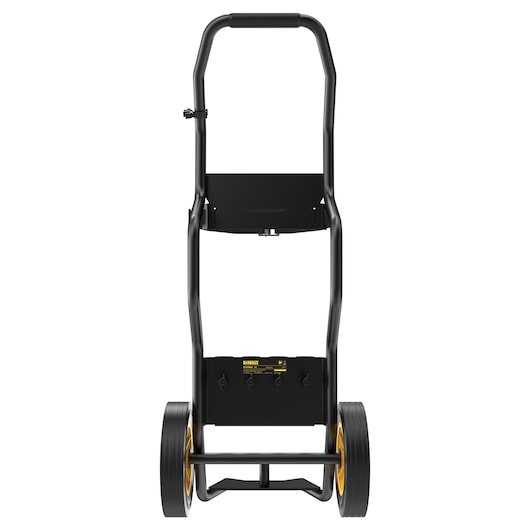 Black DEWALT equipment trolley with two wheels, sturdy handle, and platform for tool transport.