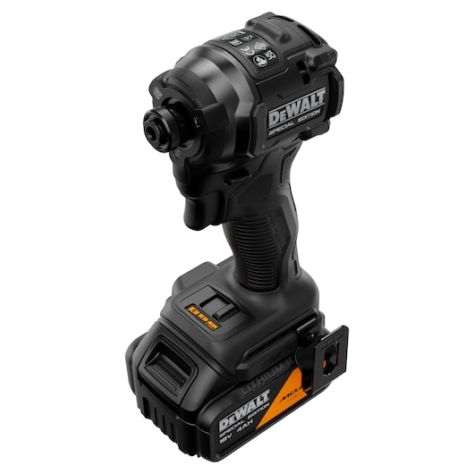DEWALT x McLaren F1 Team 18V XR Special Edition Impact Driver with 4Ah battery front angled view