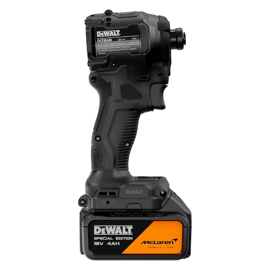 DEWALT x McLaren F1 Team 18V XR Special Edition Impact Driver with 4Ah battery rear side view