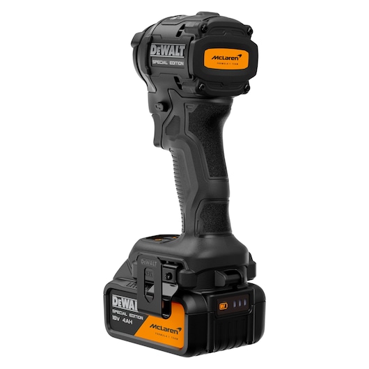 DEWALT x McLaren F1 Team 18V XR Special Edition Impact Driver with 4Ah battery rear angled view