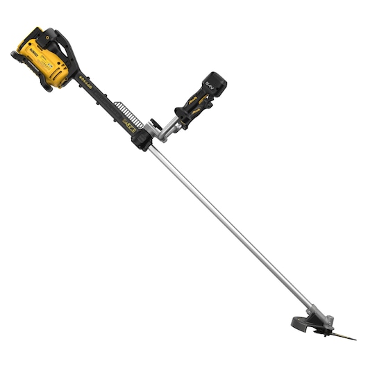A DEWALT cordless brush cutter with a yellow and black motor housing, a long metallic shaft, and a handle. The cutting head is located at the end of the shaft, and the product is shown isolated on a white background.