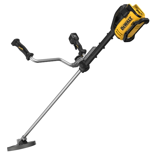 A DEWALT battery-powered brush cutter tool with a yellow and black motor housing, ergonomic handle, and a long metal shaft ending in a circular cutting head.
