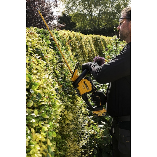 A person using a DEWALT cordless hedge trimmer to trim a hedge outdoors. The hedge trimmer is yellow and black, and the person is wearing gloves.