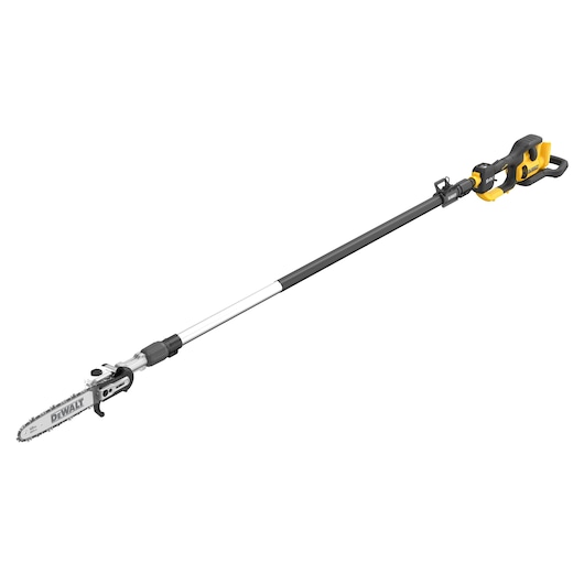 A DEWALT cordless pole saw with an extendable handle and a chainsaw blade, designed for trimming and pruning branches at height.