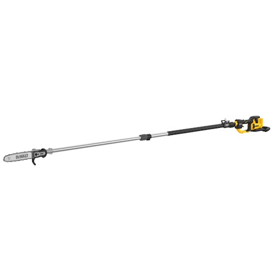 Long-reach cordless pole saw with a yellow and black handle, branded DEWALT. The tool is designed for trimming and cutting branches in hard-to-reach places.