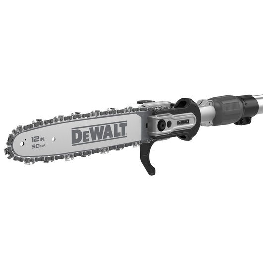 Close-up view of a DEWALT 12-inch (30 cm) pole saw with a gray and black color scheme. The saw features a chain blade and branding on the blade.