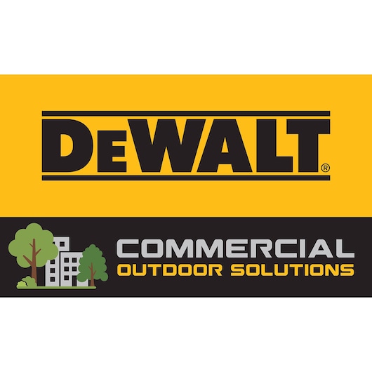 Graphic showing the DEWALT logo above the words 'Commercial Outdoor Solutions' with an illustration of a building and trees.