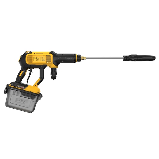 A DEWALT DCMPW1000N cordless pressure washer with a yellow and black design, featuring a long nozzle and a rechargeable battery pack.