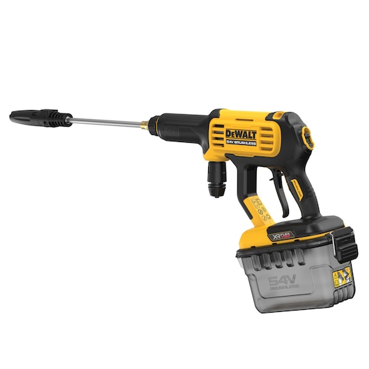 A DEWALT 54V brushless cordless pressure washer with a yellow and black design. The tool has a long nozzle and detachable water reservoir, and is labeled XR FlexVolt.