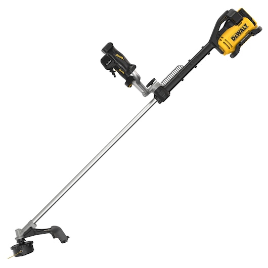 A DEWALT cordless string trimmer with a yellow and black handle and motor housing, and a straight silver shaft. The trimmer head features a spool for cutting grass and weeds.