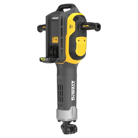 A DEWALT cordless breaker hammer, model DCPS966N, featuring a yellow and black design with prominent handles and battery compartment, used for heavy-duty demolition tasks.