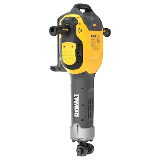 A DEWALT-branded electric power tool, specifically a demolition hammer, featuring a yellow and black design and ergonomic handles.