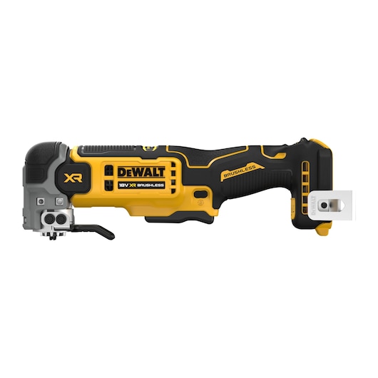 DEWALT 18V XR brushless cordless cut-off tool in yellow and black, shown from the side.