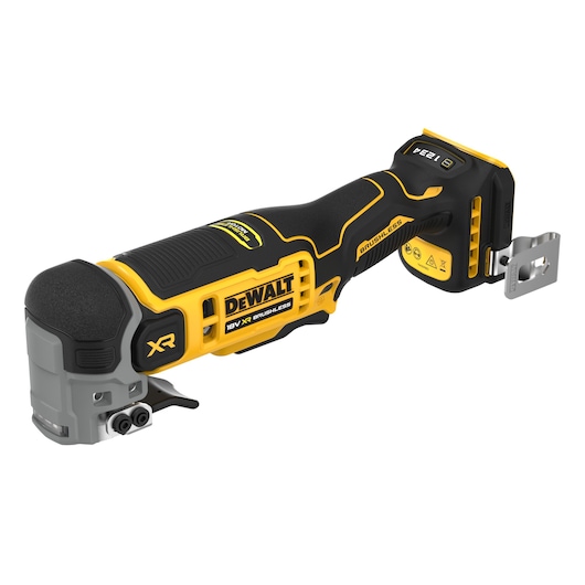 DEWALT 18V XR brushless cordless multi-tool with black and yellow design, displayed from side view.