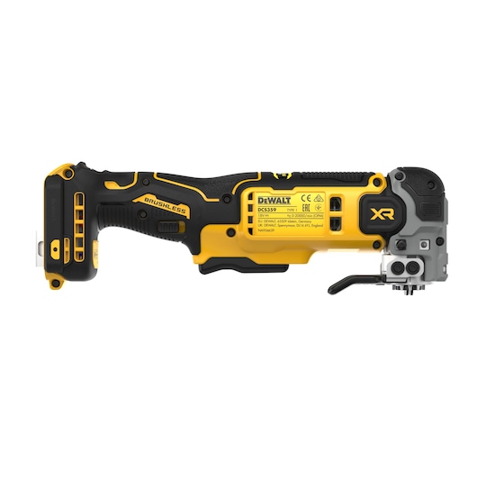 DEWALT DCS359-XJ cordless oscillating multi-tool, black and yellow, side view.