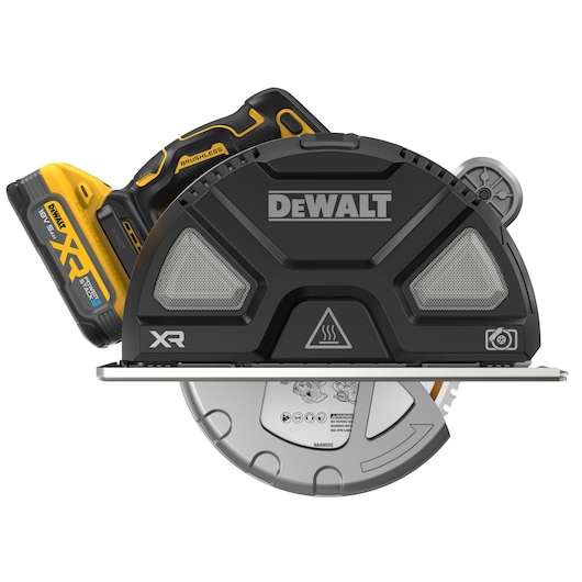 XR metal cutting circular saw with Powerstack 5.0AH battery, angled view