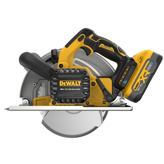 XR metal cutting circular saw with Powerstack 5.0AH battery, rear view