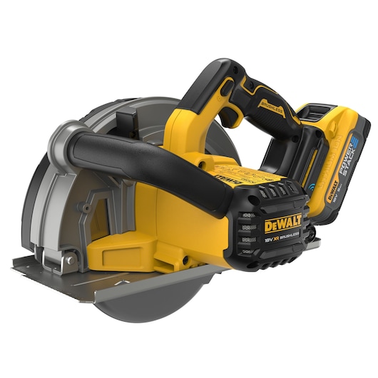 XR metal cutting circular saw with Powerstack 5.0AH battery, rear angled view