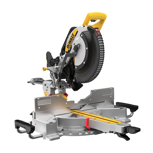DEWALT 18V XR 305mm Slide Mitre Saw with 18v 8Ah battery view from rear