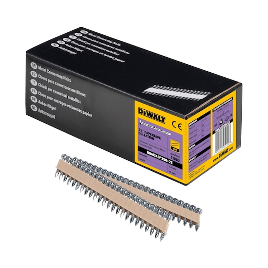3/4 view box of 35mm papertape metal connector nails with x2 strips of nails in foreground