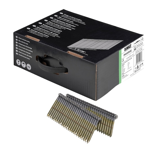 view box of 63mm wireweld ring shank framing nails with x2 strips of nails in foreground