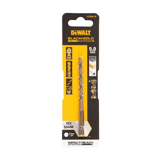 Black and Gold  Impact Ready Hex Shank Drill bit packaging 5.0 mm