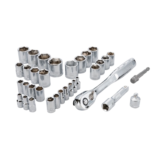 Profile of DEWALT 34 piece drive socket set.