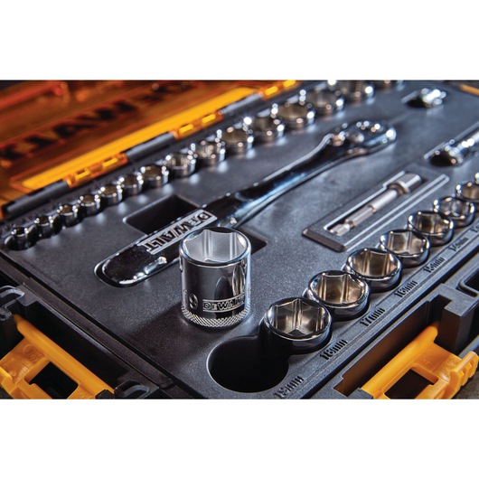 Close up of DEWALT 34 piece drive socket set.