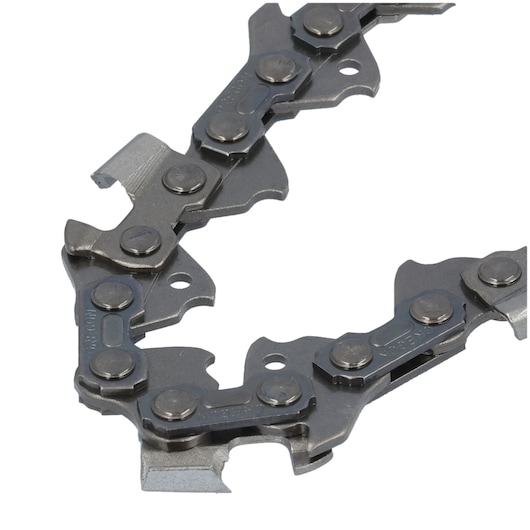 Close-up view of a metal chainsaw chain, showing detailed links and cutting teeth.